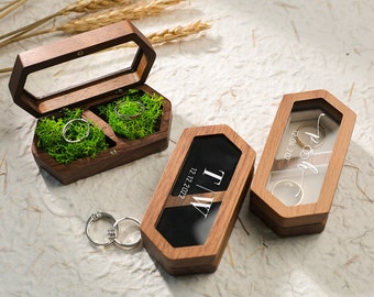 Gepersonaliseerde trouwring box, aangepaste houten ring box, ring box houder, voorstel ring box, dubbele sleuf ring aan toonder box, hout twee ring box