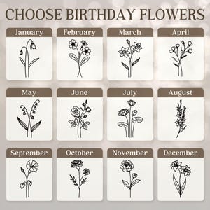 May include: A decorative print featuring twelve floral illustrations, each representing a birth month. The top of the print reads "CHOOSE BIRTHDAY FLOWERS." Each month is labeled with its name, and the flowers are depicted in black and white line art.
