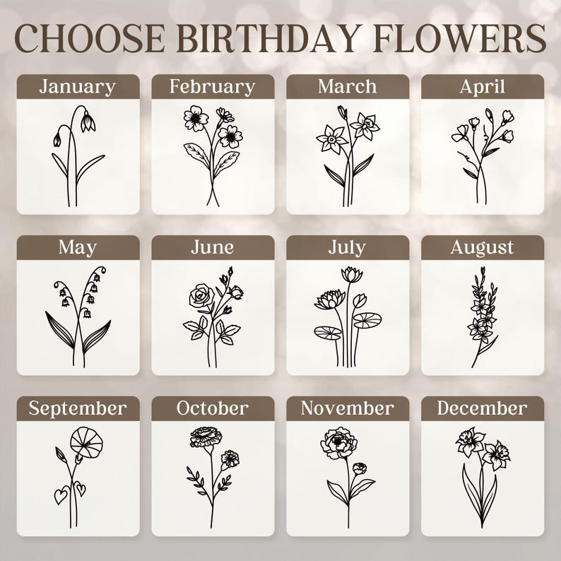 May include: A decorative print featuring twelve floral illustrations, each representing a birth month. The top of the print reads "CHOOSE BIRTHDAY FLOWERS." Each month is labeled with its name, and the flowers are depicted in black and white line art.