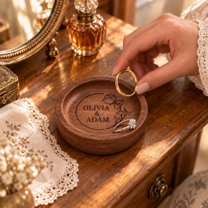 May include: A round wooden ring dish featuring a laser-engraved design of a rose and the text "OLIVIA & ADAM" inside a circle. The dish holds a silver ring with a small stone, while a plain gold band is held above the dish.