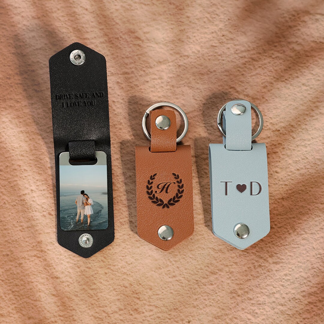 Personalized Leather Photo Keychain, Fathers Day, Custom Text Leather