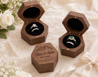 Scatola portafedi personalizzata, portafedi esagonale in legno personalizzato, scatola portafedi per anello di fidanzamento a 2 o 3 scomparti, scatola portafedi
