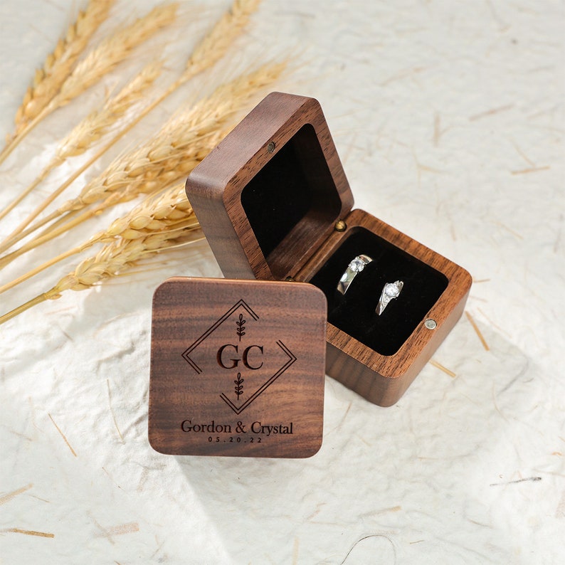 Personalized Wood Ring Box Custom Wood Ring Holder Proposal Ring Box Ring Bearer Box Engraved Ring Holder Storage for 2 Rings image 1