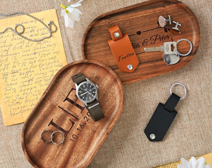 Custom Oval Wooden Catchall Tray, Personalized Gift for Dad/Grandpa /Husband/Men, Engraved Valet Tray for Keys Coins/Wallet