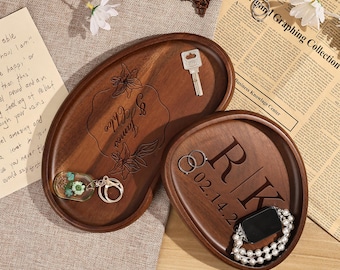 Custom Wooden Catchall Tray, Personalized Irregular Wood Tray with Engraving, Wedding Gift for Couple, Anniversary Gift, Key Jewelry Tray