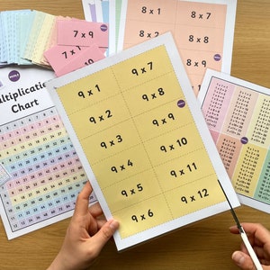 May include: A set of yellow multiplication flashcards with the multiplication tables for the number 9. The cards are laid out on a wooden table with other multiplication charts and flashcards in the background.