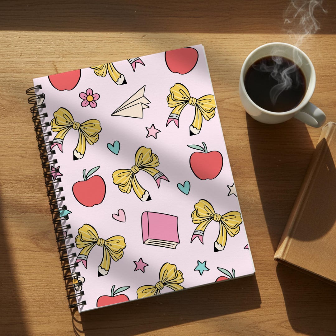 Cute School Pattern Spiral Notebook | Apples, Bows, Paper Planes, Ruled ...