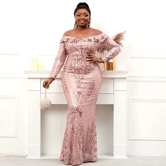 Plus Size Women Long Sleeve Sequin Evening Dress Elegant Boat - Etsy