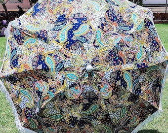 New Floral Design Color Base Hand Printed Garden Umbrella , Boho Beach Antique Patio Umbrella , Sun Shade Colorful Attractive Umbrella