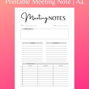 Meeting Notes Printable, Meeting Notes Template, Meeting Planner, Planner Insert, Productivity Planner, Meeting Agenda, Discussion Notes