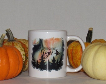 Frequent Flyer Witch Ceramic Mug, Halloween Coffee Mug
