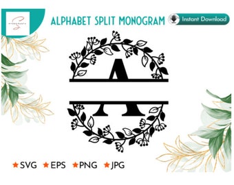 Flora A-Z Alphabet Split Monogram, Split Letter svg, Wedding Monogram, Split Alphabet, Monogram Font, Family Monogram, Name Monogram, Split