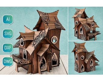 3D Haunted House Laser Cut Files Halloween SVG Glowforge CNC DXF