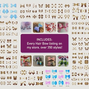 Può includere: Una collezione di fiocchi per capelli di vari stili e colori, tra cui blu, marrone, rosa e bianco. L'immagine include una varietà di design di fiocchi, con una sovrapposizione di testo che dice "Includes: Every Hair Bow listing on my store, over 350 styles!"