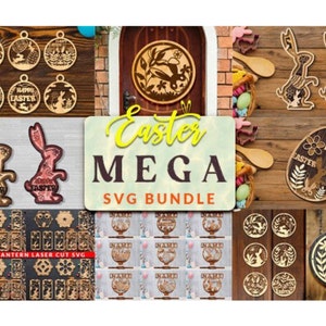 Puede incluir: Una colección de archivos SVG cortados con láser para manualidades de Pascua. Los diseños incluyen conejos, huevos, linternas y coronas. El texto "Easter MEGA SVG Bundle" se muestra en un fondo de madera.