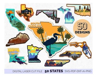 50 American States Map Laser Cut Files SVG Bundle