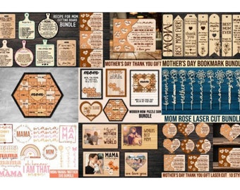 May include: A collection of laser cut designs for Mother's Day gifts. The designs include a recipe board, bookmarks, a puzzle, and a rose. The designs are all in a light wood color and feature the word "mom" or "mama".