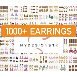 Puede incluir: Un collage digital de más de 1.000 diseños de pendientes en varias formas, colores y patrones. El texto "1000+ EARRINGS" y "MYDESIGNSTX" se muestra en la imagen.