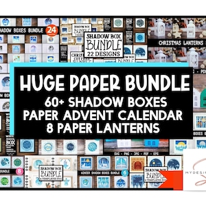 May include: A collage of images showcasing a paper craft bundle featuring over 60 shadow boxes, a paper advent calendar, and 8 paper lanterns. The images are arranged in a grid pattern and include various winter-themed designs. The text "HUGE PAPER BUNDLE" is displayed in large, bold letters at the top of the collage. The text "60+ SHADOW BOXES" is displayed below the title. The text "PAPER ADVENT CALENDAR" is displayed below the shadow boxes text. The text "8 PAPER LANTERNS" is displayed below the advent calendar text. The text "MYDESIGNSTX" is displayed in the bottom right corner of the collage.