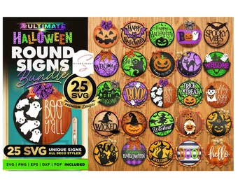Halloween Door Sign SVG Bundle Round Designs