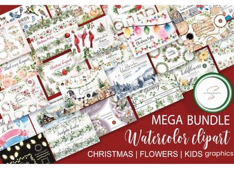 Watercolor Clipart Christmas PNG Flowers Clipart Bundle Floral Holiday