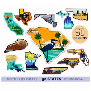 50 USA States Laser Cut Files SVG Bundle Layered Map Designs