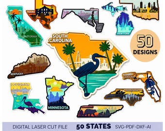 50 USA States Laser Cut Files SVG Bundle Layered Map Designs