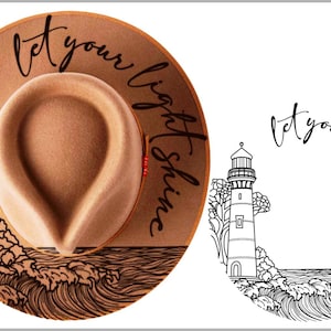 May include: A tan fedora hat with a lighthouse and wave design. The hat features the phrase "Let your light shine" in a cursive font. The hat's brim has a detailed illustration of a lighthouse and ocean waves.