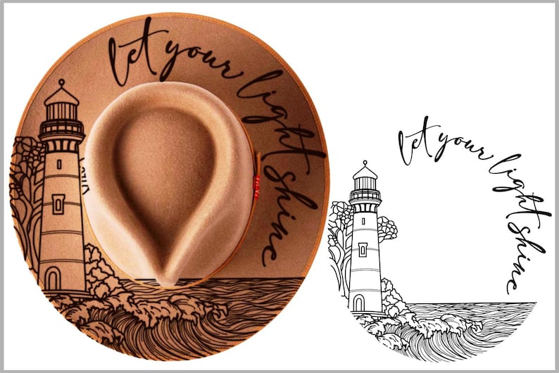 May include: A tan fedora hat with a lighthouse and wave design. The hat features the phrase "Let your light shine" in a cursive font. The hat's brim has a detailed illustration of a lighthouse and ocean waves.