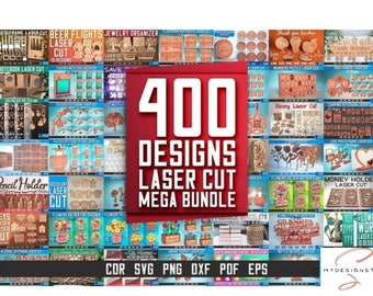 May include: A collage of 400 laser cut designs for crafting projects. The designs include a variety of themes, such as flowers, animals, and geometric shapes. The designs are available in a variety of file formats, including CDR, SVG, PNG, DXF, PDF, and EPS.
