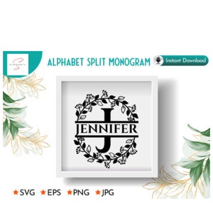 May include: A black and white digital graphic featuring a split monogram design with the letter J and the name JENNIFER centered inside a circular wreath of leaves and berries, presented within a square white frame on a white background.