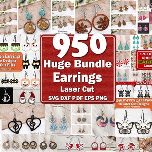 May include: A collection of laser-cut earrings in various designs, including Halloween, Christmas, and Valentine's Day themes. The image features a large bundle of 950 earrings, with text overlays indicating the number of designs and file types.