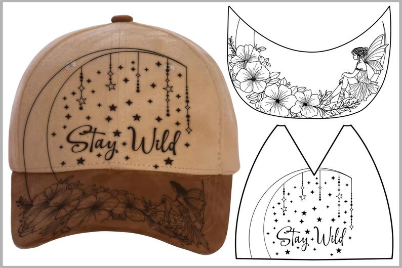 May include: Tan baseball cap with a brown brim. The cap features a black design with the words "Stay Wild" and star and floral accents. Additional black and white floral and fairy designs are included.