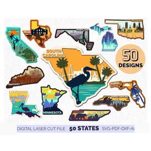 May include: A collection of digital laser cut files featuring 50 states, including outlines of California, Texas, Maryland, Michigan, Oklahoma, South Carolina, Kentucky, Louisiana, Minnesota, Florida, North Carolina, and Tennessee with state-specific graphics.