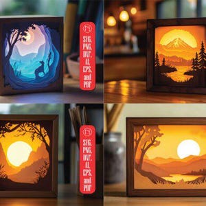 May include: Four illuminated shadow box art pieces. The art features layered paper cut designs depicting landscapes with trees, mountains, and a deer. The color palette includes warm oranges, yellows, and blues, with a wooden frame.