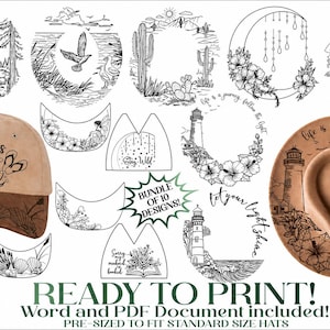 May include: A digital bundle of ten black and white line art designs for hats, featuring illustrations of landscapes, a mermaid, a lighthouse, and floral motifs. Text includes phrases like flip flops make life better and life is a journey.