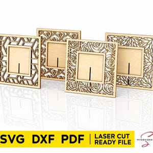 May include: Four square light-coloured wooden frames with intricate laser-cut patterns, including geometric, heart, rose, and floral designs. Each frame features a central square cutout with a vertical slit. Text at the bottom reads SVG DXF PDF.