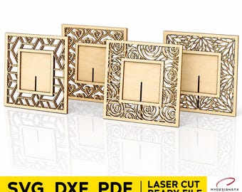 May include: Four square light-colored wooden frames with intricate laser-cut patterns, including geometric, heart, rose, and floral designs. Each frame features a central square cutout with a vertical slit. Text at the bottom reads SVG DXF PDF.