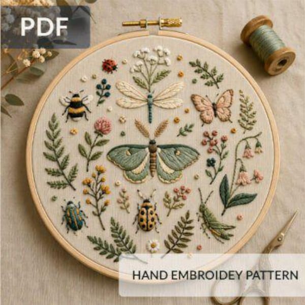 Botanische insecten handborduurpatroon pdf Moth Bee Dragonfly Designs
