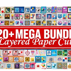 Puede incluir: Una colección digital de más de 120 diseños de corte de papel en capas con diversos temas como festividades, animales y motivos estacionales. La imagen muestra una gran pancarta roja con el texto blanco 120+ MEGA BUNDLE Layered Paper Cut.
