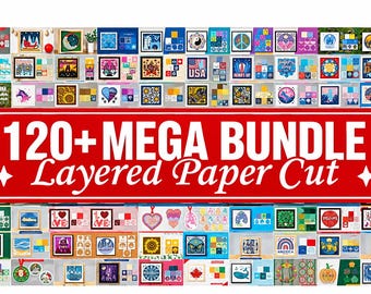 Puede incluir: Una colección digital de más de 120 diseños de corte de papel en capas con diversos temas como festividades, animales y motivos estacionales. La imagen muestra una gran pancarta roja con el texto blanco 120+ MEGA BUNDLE Layered Paper Cut.