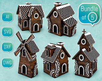 Gingerbread Village Laser Cut File 3D Christmas Decor svg  dxf dwg ai