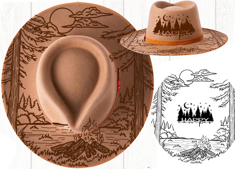 May include: A tan fedora-style hat with a wide brim, featuring a forest and campfire design etched into the brim. The hat has the word "HAPPY" and a forest silhouette on the crown. The hat is a camping-themed accessory.