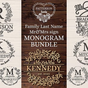 May include: A collection of family monogram designs, including Mr. & Mrs. signs, with floral and decorative elements. The designs feature family names and the year 2020, perfect for personalized home decor.