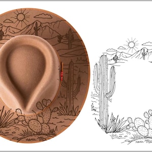 May include: A tan fedora-style hat with a desert landscape design. The hat features a brown brim with a detailed illustration of cacti, mountains, and a sun. The crown is a solid tan color. The hat is a stylish accessory.