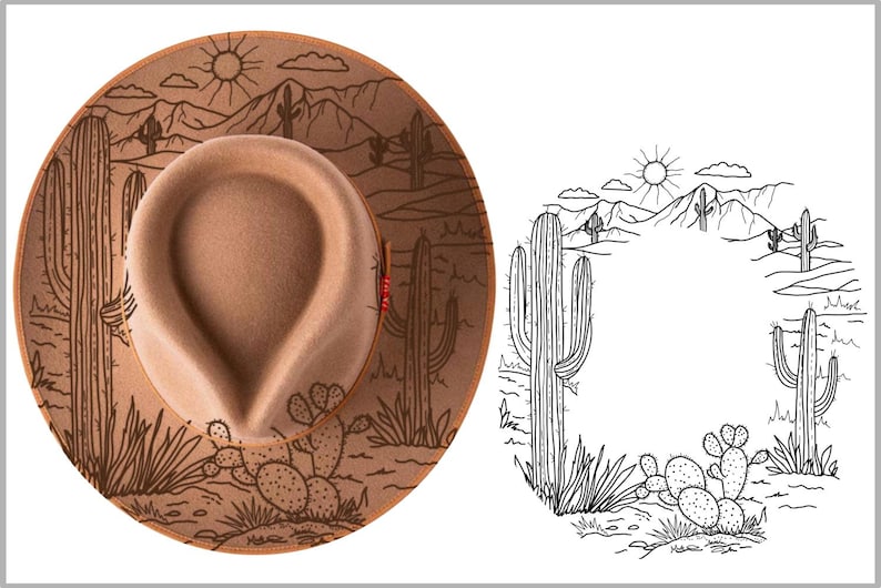 May include: A tan fedora-style hat with a desert landscape design. The hat features a brown brim with a detailed illustration of cacti, mountains, and a sun. The crown is a solid tan color. The hat is a stylish accessory.