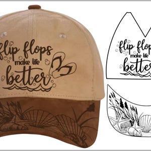May include: Tan baseball cap with a brown bill. The cap features the phrase "flip flops make life better" with flip-flop and wave graphics. The bill has a beach-themed design with seashells and plants.