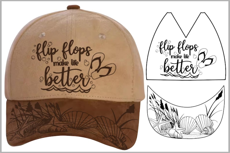May include: Tan baseball cap with a brown bill. The cap features the phrase "flip flops make life better" with flip-flop and wave graphics. The bill has a beach-themed design with seashells and plants.
