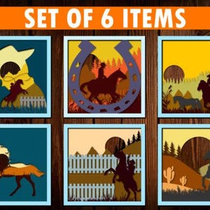 May include: A set of 6 items featuring square wall art prints with western themes. Each print displays layered silhouettes of cowboys on horseback, horses, cacti, fences, and sunsets in shades of yellow, orange, brown, and blue. The text SET OF 6 ITEMS is visible.