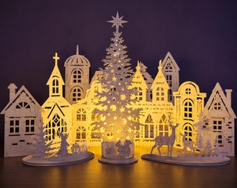 Crèche de Noël en papier découpé modèle Village 3D svg eps png pdf dxf